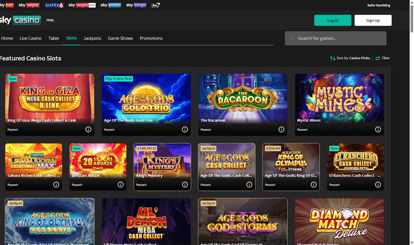 Sky Casino desktop games screen with casino titles and game categories